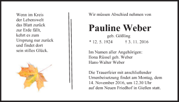 Traueranzeige von Pauline Weber von Gießener Allgemeine, Alsfelder Allgemeine