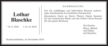 Traueranzeige von Lothar Blaschke von Gießener Allgemeine, Alsfelder Allgemeine