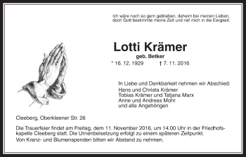 Traueranzeige von Lotti Krämer von Gießener Allgemeine, Alsfelder Allgemeine