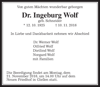 Traueranzeige von Ingeburg Wolf von Gießener Allgemeine, Alsfelder Allgemeine