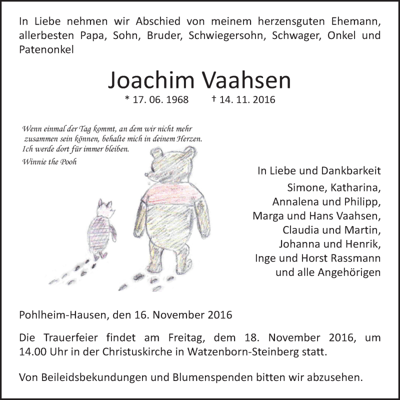  Traueranzeige für Joachim Vaahsen vom 16.11.2016 aus Gießener Allgemeine, Alsfelder Allgemeine