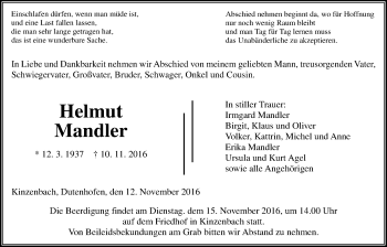 Traueranzeige von Helmut Mandler von Gießener Allgemeine, Alsfelder Allgemeine