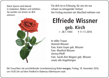 Traueranzeige von Elfriede Wissner von Gießener Allgemeine, Alsfelder Allgemeine