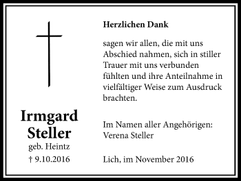 Traueranzeige von Irmgard Steller von Licher Wochenblatt, Licher Wochenblatt, Licher Wochenblatt