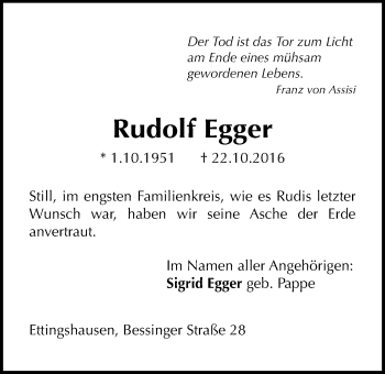 Traueranzeige von Rudolf Egger von Licher Wochenblatt, Licher Wochenblatt, Licher Wochenblatt
