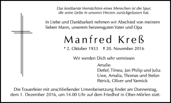 Traueranzeige von Manfred Kreß von Wetterauer Zeitung, Wetterauer Zeitung