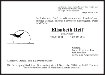 Traueranzeige von Elisabeth Reif von Gießener Allgemeine, Alsfelder Allgemeine