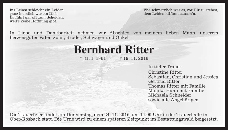  Traueranzeige für Bernhard Ritter vom 22.11.2016 aus Wetterauer Zeitung, Wetterauer Zeitung