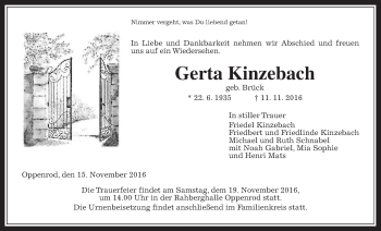 Traueranzeige von Gerta Kinzebach von Gießener Allgemeine, Alsfelder Allgemeine