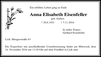 Traueranzeige von Anna Elisabeth Eisenfeller von Licher Wochenblatt, Licher Wochenblatt, Licher Wochenblatt