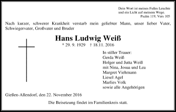 Traueranzeige von Hans Ludwig Weiß von Gießener Allgemeine, Alsfelder Allgemeine