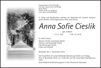 Traueranzeige von Anna Sofie Cieslik von Wetterauer Zeitung, Wetterauer Zeitung