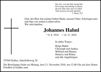 Traueranzeige von Johannes Hahnl von Gießener Allgemeine, Alsfelder Allgemeine