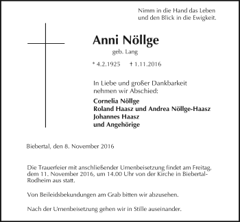 Traueranzeige von Anni Nöllge von Gießener Allgemeine, Alsfelder Allgemeine