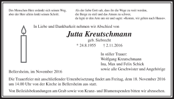 Traueranzeige von Jutta Kreutschmann von Licher Wochenblatt, Licher Wochenblatt, Licher Wochenblatt