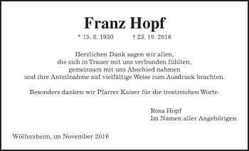 Traueranzeige von Franz Hopf von Wetterauer Zeitung, Wetterauer Zeitung