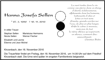 Traueranzeige von Hanna Josefa Sellen 
