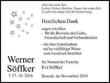 Traueranzeige von Werner Söffker von Gießener Allgemeine, Alsfelder Allgemeine