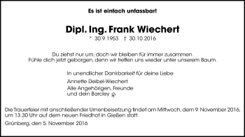 Traueranzeige von Frank Wiechert von Gießener Allgemeine, Alsfelder Allgemeine