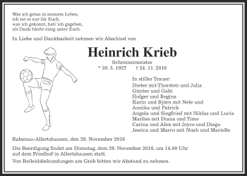 Traueranzeige von Heinrich Krieb von Gießener Allgemeine, Alsfelder Allgemeine