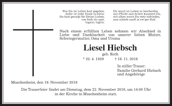 Traueranzeige von Liesel Hiebsch von Gießener Allgemeine, Alsfelder Allgemeine