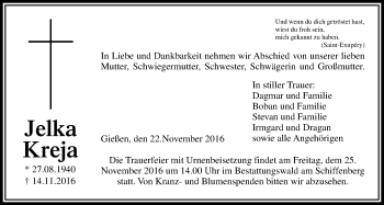 Traueranzeige von Jelka Kreja von Gießener Allgemeine, Alsfelder Allgemeine