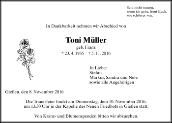 Traueranzeige von Toni Müller von Gießener Allgemeine, Alsfelder Allgemeine