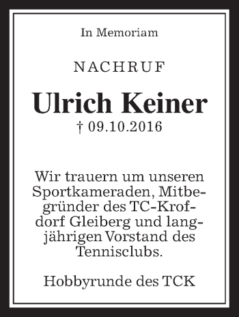 Traueranzeige von Ulrich Keiner von Gießener Allgemeine, Alsfelder Allgemeine