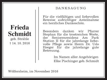 Traueranzeige von Frieda Schmidt von Wetterauer Zeitung, Wetterauer Zeitung