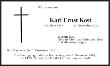 Traueranzeige von Karl Ernst Kost von Wetterauer Zeitung, Wetterauer Zeitung