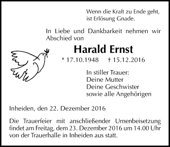 Traueranzeige von Harald Ernst von Licher Wochenblatt, Licher Wochenblatt, Licher Wochenblatt
