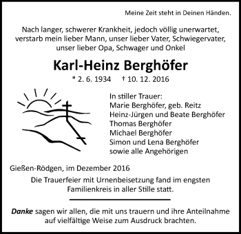 Traueranzeige von Karl-Heinz Berghöfer von Gießener Allgemeine, Alsfelder Allgemeine