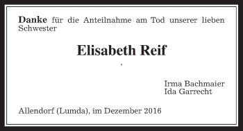 Traueranzeige von Elisabeth Reif von Allendorfer Mitteilungen