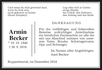 Traueranzeige von Armin Becker von Alsfelder Allgemeine