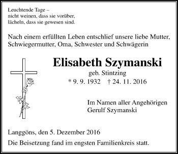Traueranzeige von Elisabeth Szymanski von Gießener Allgemeine, Alsfelder Allgemeine