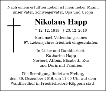 Traueranzeige von Nikolaus Happ von Wetterauer Zeitung, Wetterauer Zeitung