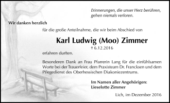 Traueranzeige von Karl Ludwig Zimmer von Licher Wochenblatt, Licher Wochenblatt, Licher Wochenblatt