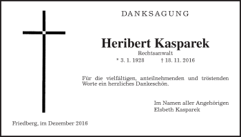 Traueranzeige von Heribert Kasparek von Wetterauer Zeitung, Wetterauer Zeitung