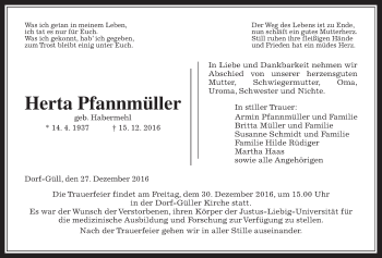Traueranzeige von Herta Pfannmüller von Gießener Allgemeine, Alsfelder Allgemeine