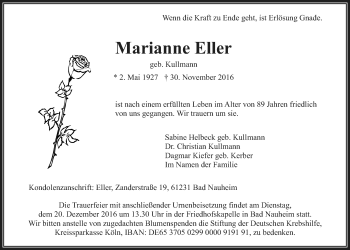 Traueranzeige von Marianne Eller von Wetterauer Zeitung, Wetterauer Zeitung
