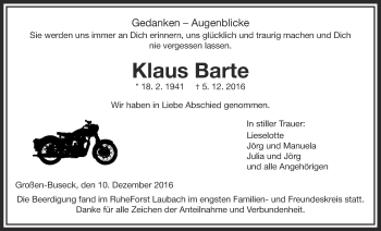 Traueranzeige von Klaus Barte von Gießener Allgemeine, Alsfelder Allgemeine