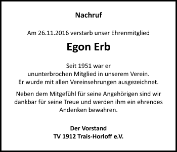 Traueranzeige von Egon Erb von Licher Wochenblatt, Licher Wochenblatt, Licher Wochenblatt