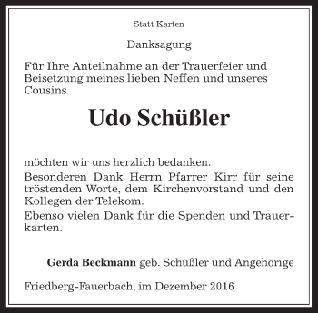 Traueranzeige von Udo Schüßler von Wetterauer Zeitung, Wetterauer Zeitung