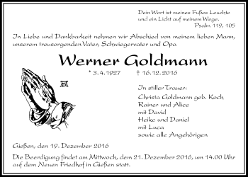 Traueranzeige von Werner Goldmann von Gießener Allgemeine, Alsfelder Allgemeine