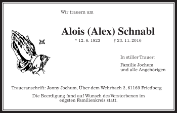 Traueranzeige von Alois Schnabl von Wetterauer Zeitung, Wetterauer Zeitung