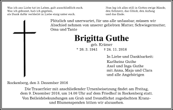 Traueranzeige von Brigitta Guthe von Wetterauer Zeitung, Wetterauer Zeitung