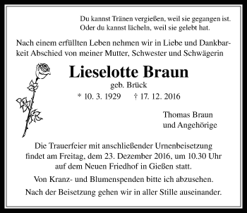 Traueranzeige von Lieselotte Braun von Gießener Allgemeine, Alsfelder Allgemeine