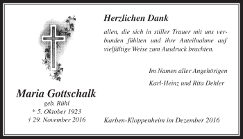 Traueranzeige von Maria Gottschalk von Wetterauer Zeitung
