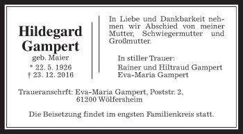 Traueranzeige von Hildegard Gampert von Wetterauer Zeitung, Wetterauer Zeitung