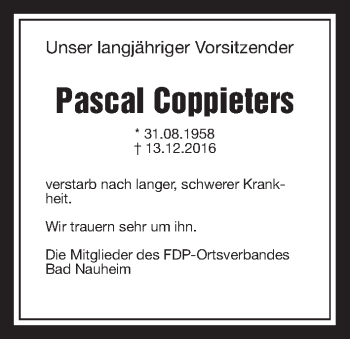 Traueranzeige von Pascal Coppieters von Wetterauer Zeitung, Wetterauer Zeitung